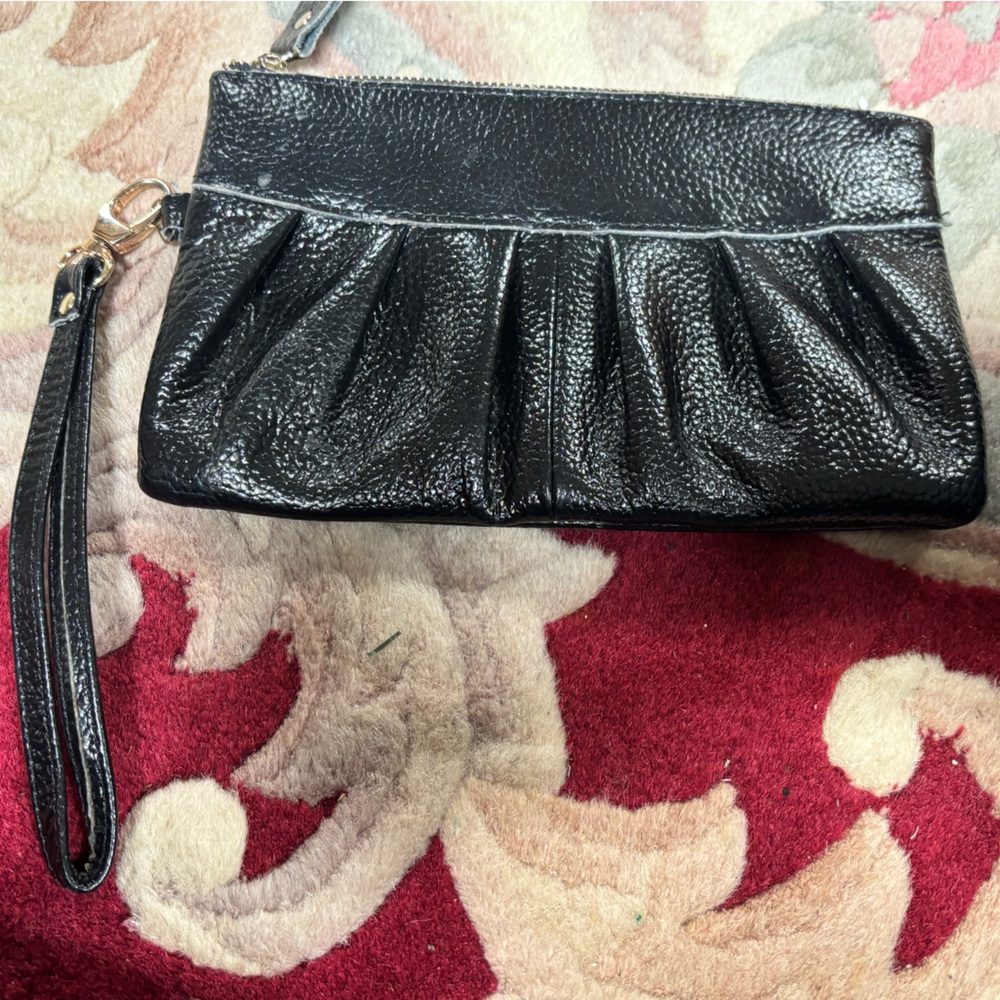 Black Faux Leather Pleated Clutch Purse